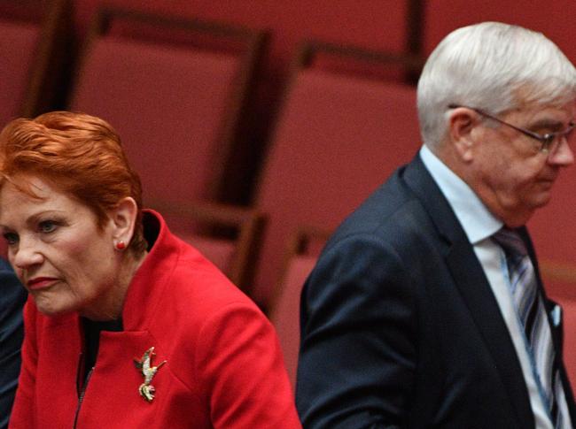 One Nation leader Pauline Hanson and former One Nation Senator Brian Burston in Parliament House. Picture: AAP