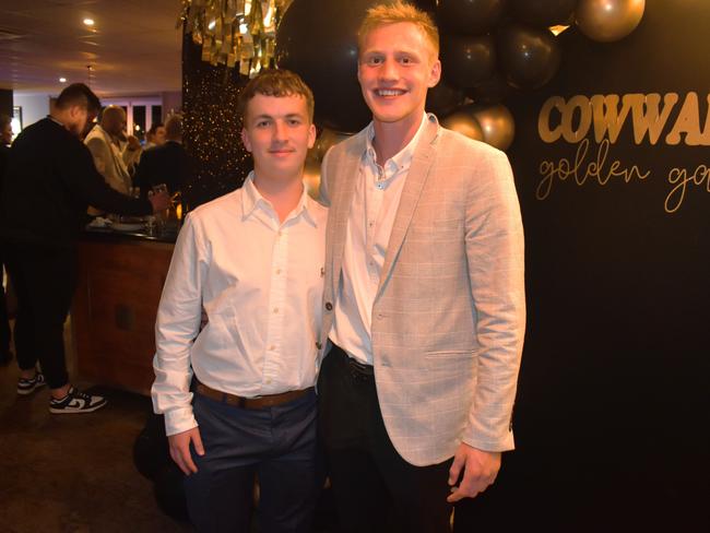 Aidan Hood and Rhys Luxford having a great night at the Cowwarr Saints Football &amp; Netball Club Golden Gala Ball 2024. Picture: Jack Colantuono