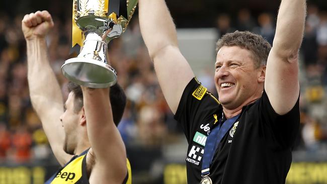 Damien Hardwick holding up the premiership cup during the 2019 Toyota AFL Grand Final match. (Photo by Dylan Burns/AFL Photos via Getty Images)