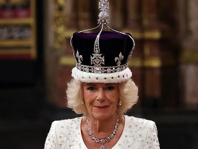 Britain's Camilla walks wearing a modified version of Queen Mary's Crown during the Coronation Ceremony inside Westminster Abbey. Picture: Richard POHLE / POOL / AFP