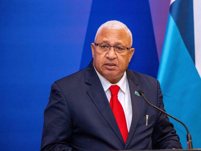 Fijian Prime Minister Frank Bainimarama speaks during a joint press conference with Chinese Foreign Minister Wang Yi in Fiji's capital city Suva. Picture: AFP