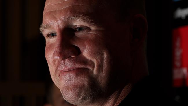 Collingwood coach Nathan Buckley speaks at a press conference after the club’s training session at Olympic Park today. Picture: Mark Dadswell