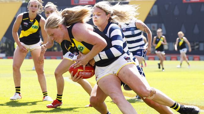 Sarah D'Arcy is tackled by Georgie Prespakis during the AFLW practice match between Richmond and Geelong last month. Picture: Getty Images