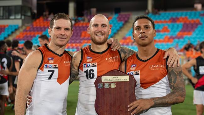 Brodie Filo, Jayden Magro and Nick Yarran as the NTFL Buffaloes' mens side beat the Essendon Bombers. Picture: Pema Tamang Pakhrin