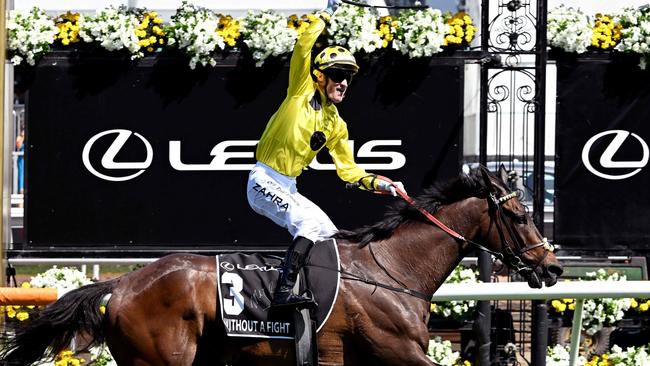 Without A Fight has left the property of renowned equine healer Lee Evison, who says the Melbourne has given every indication he will be right to race in spring after recovering from a tendon injury. Picture: <span style="font-size: 11pt;">AFP</span>