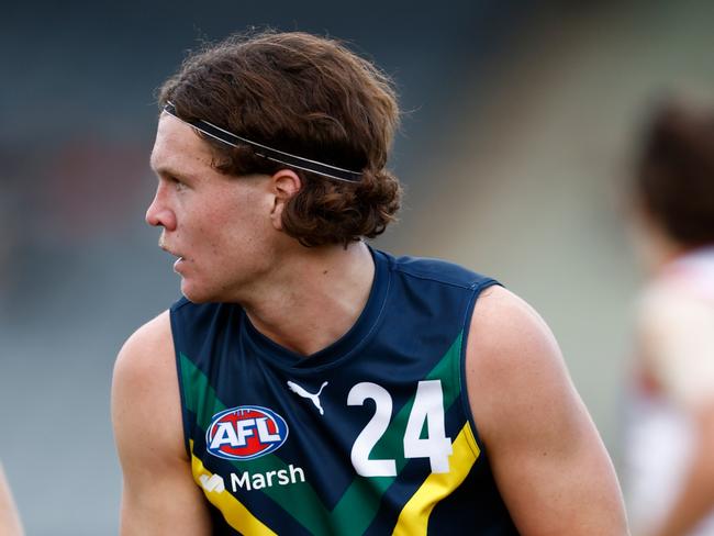 MELBOURNE, AUSTRALIA – APRIL 13: Harvey Langford of the AFL Academy in action during the 2024 AFL Academy match between the Marsh AFL National Academy Boys and Coburg Lions at Ikon Park on April 13, 2024 in Melbourne, Australia. (Photo by Michael Willson/AFL Photos via Getty Images)