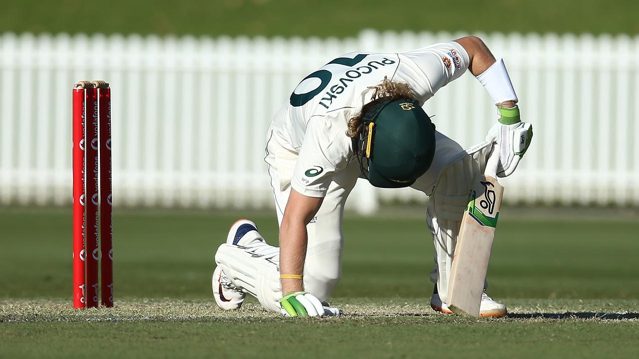 Will Pucovski retired hurt against India A after being clipped on the helmet by a bouncer. Picture: Jason McCawley/Getty Images