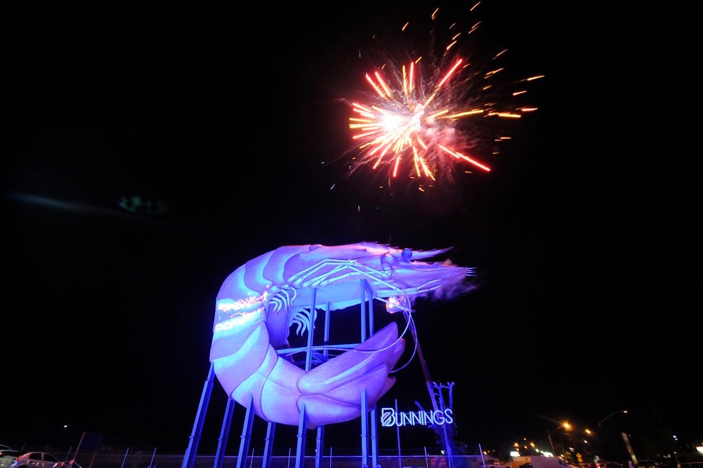 The laser show at the Big Prawn in Ballina on Friday night. Photo Doug Eaton / The Northern Star. Picture: Doug Eaton