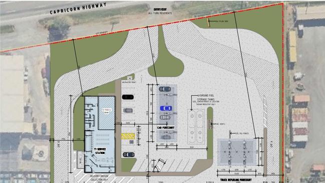 The proposed layout with room for B-doubles for the service station across from CQLX on the Capricorn Hwy.