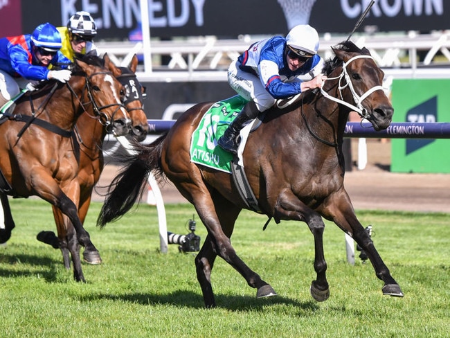 Atishu (NZ) ridden by James McDonald wins the TAB Champions Stakes at Flemington Racecourse on November 11, 2023 in Flemington, Australia. (Photo by Pat Scala/Racing Photos via Getty Images)