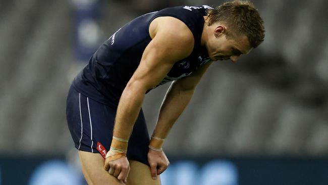 An all-too familiar sight after another Blues loss. Picture: AFL Photos/Getty Images