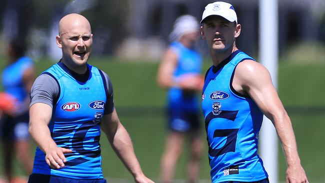 Gary Ablett and Joel Selwood at Geelong training in 2017.