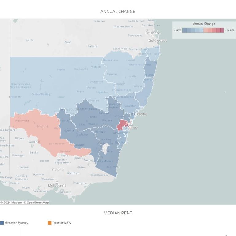 A map of rental increases in NSW. Picture: Tenants Union NSW