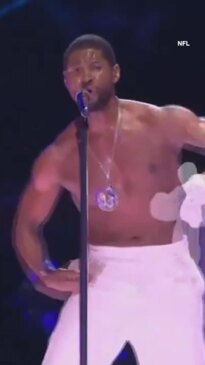 Usher strips during the Super Bowl half-time show