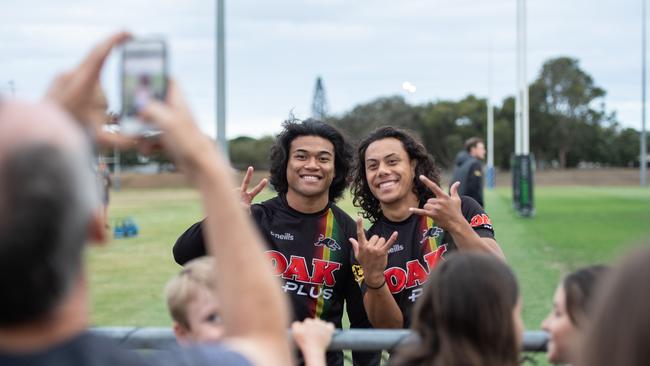 Jarome Luai, and Brian To’o posing for fans on the Sunshine Coast. Picture: Brad Fleet