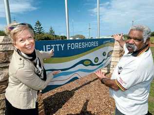 Coffs Harbour Deputy Mayor Denise Knight and Aboriginal Elder Trevor Wilson unveil the new Jetty Foreshores sign ahead of the World Rally Championships. Picture: Trevor Veale