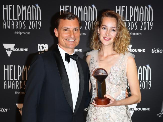 David McAllister and Alice Topp with the 2019 Helpmann Award for Best Ballet, presented to The Australian Ballet for Aurum. Picture: Rocket Weijers