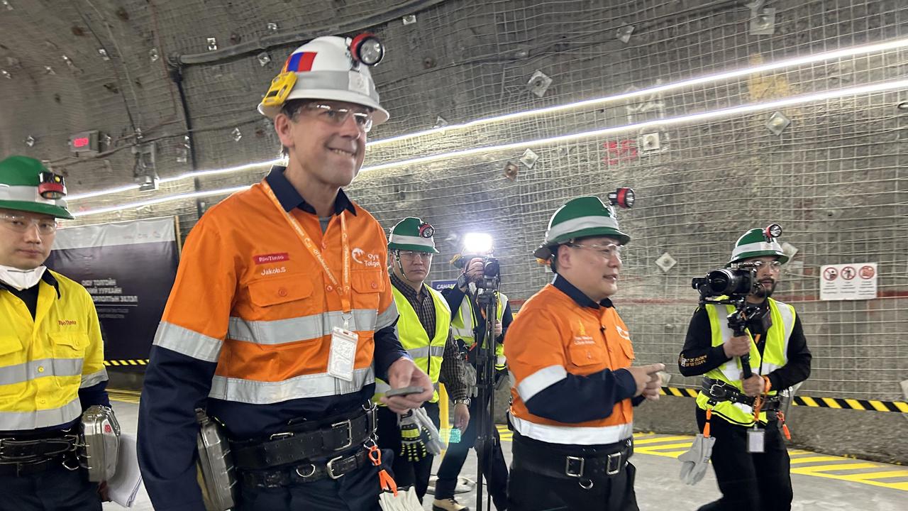 Rio Tinto’s Jakob Stausholm and Mongolia’s Prime Minister, Oyun-Erdene Luvsannamsrai, 1200m underground. Picture: Eric Johnston