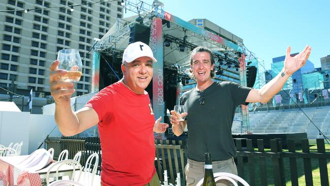 Royal Croquet Club managing director Roberto Cardone and creative director Stuart Duckworth show off the view from Roberta's Italian Disco Diner to the main stage. Picture: Mark Brake