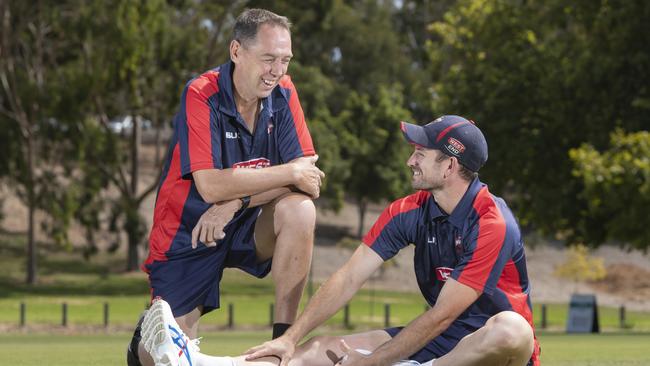 Redbacks fitness coach Stephen Schwerdt with cricketer Chad Sayers on Adelaide Oval, 21 February 2020. Picture Simon Cross