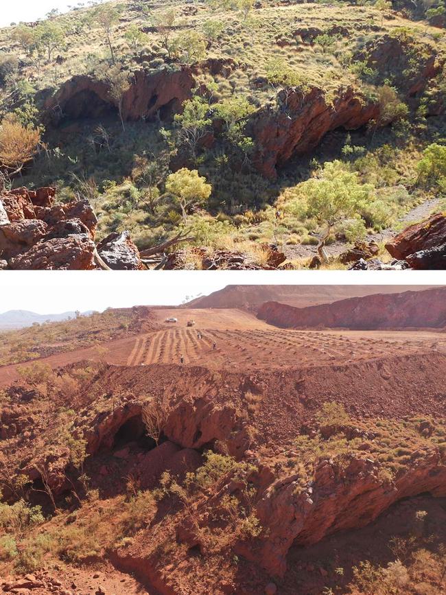 Juukan Gorge 2013, top, and in May this year. Picture: AFP