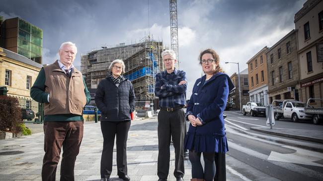 Brian Corr from Hobart Not Highrise, Anne Held of the East Coast Alliance, Peter McGlone from the Tasmanian Conservation Trust and Sophie Underwood from Planning Matters Alliance Tasmania want the state government to postpone the tabling of the Major Projects Bill. Picture: LUKE BOWDEN