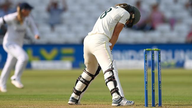 Ellyse Perry reacts after being dismissed for 99. Picture: Stu Forster/Getty Images