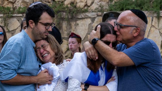 An Israeli family mourns at a funeral in Jerusalem. Picture: Getty Images