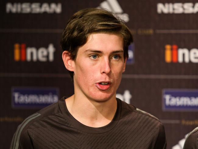 MELBOURNE, AUSTRALIA - DECEMBER 02: Will Day of the Hawks speaks to the media during a Hawthorn Hawks AFL media opportunity at Waverley Park on December 2, 2019 in Melbourne, Australia. (Photo by Martin Keep/Getty Images)