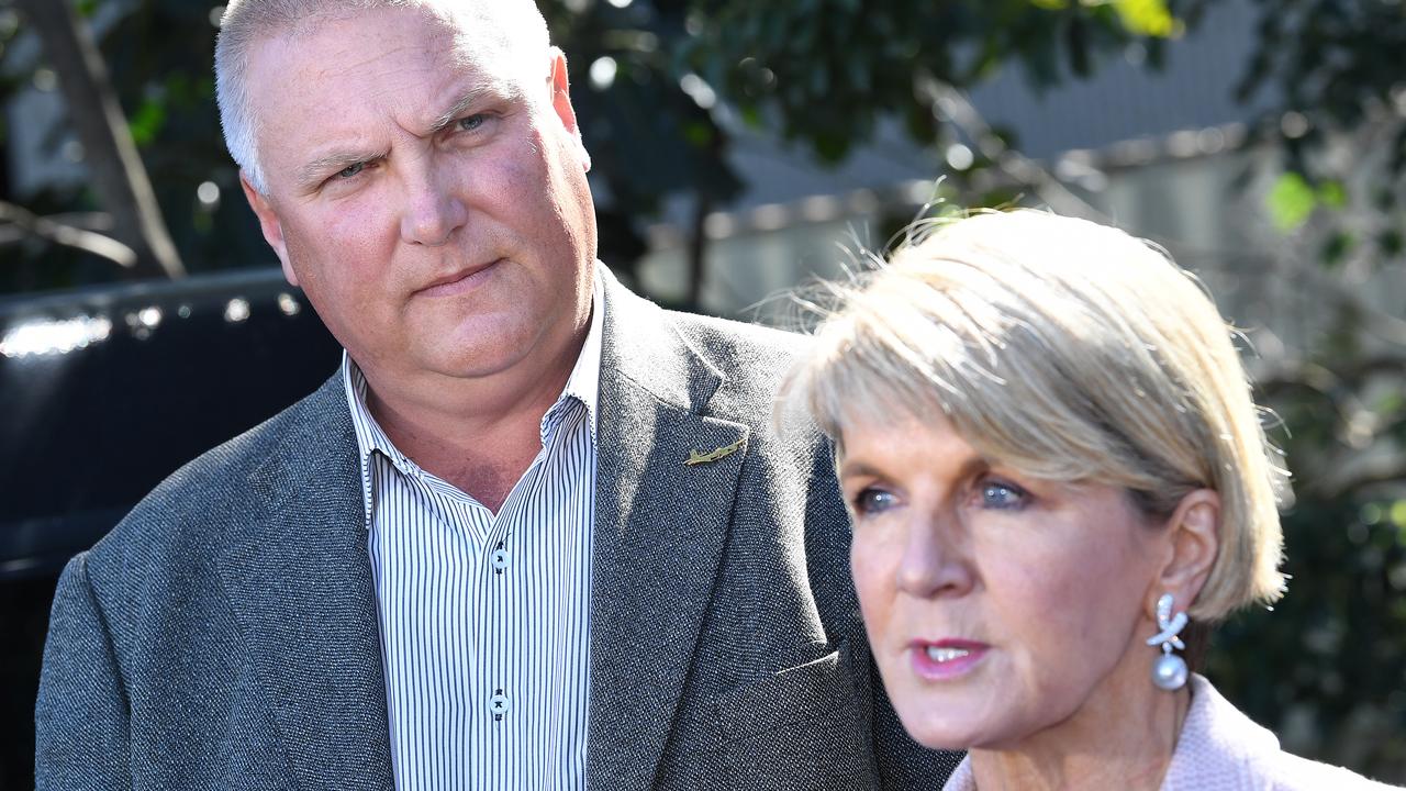 Liberal Candidate for Longman Trevor Ruthenberg with Minister for Foreign Affairs Julie Bishop. Picture: AAP Image/Dave Hunt