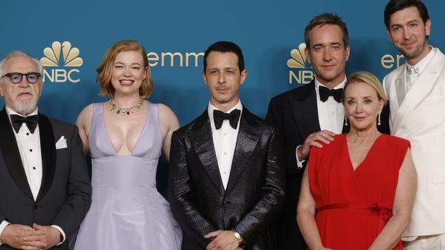 Brian Cox, Sarah Snook, Jeremy Strong, Matthew Macfadyen, J. Smith-Cameron, and Nicholas Braun, at the Emmys. Picture: Frazer Harrison/Getty Images