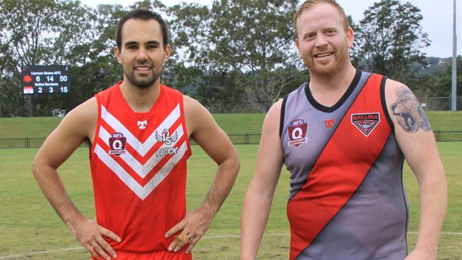 Lismore Swans coach Tim Whalan and Ballina captain Sum Hunt after the game at Oakes Oval. Picture Alison Paterson