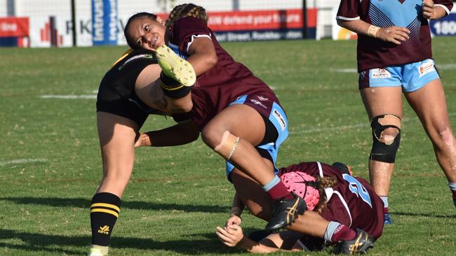 Defence was a feature of the CQ Capras under-19 women’s team win over the Sunshine Coast Falcons on Saturday. Photo: Pam McKay.