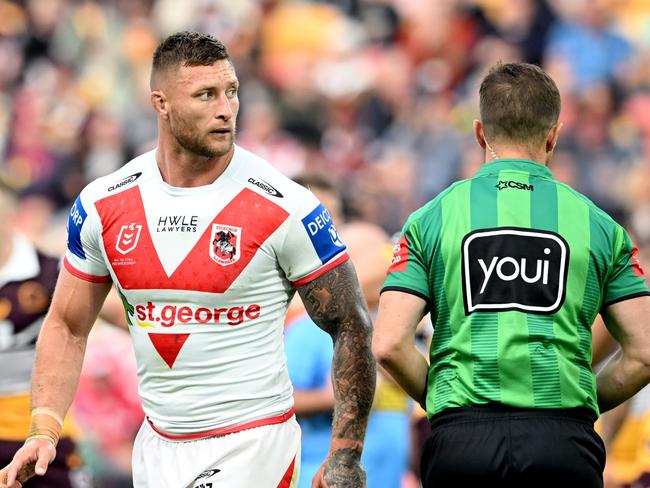 BRISBANE, AUSTRALIA - JULY 10:  Tariq Sims of the Dragons is sin binned during the round 17 NRL match between the Brisbane Broncos and the St George Illawarra Dragons at Suncorp Stadium, on July 10, 2022, in Brisbane, Australia. (Photo by Bradley Kanaris/Getty Images)