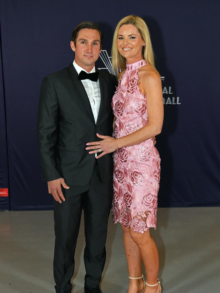 Brett Backwell and Rebecca Backwell on the red carpet ahead of the Magarey Medal presentation at Adelaide Oval.