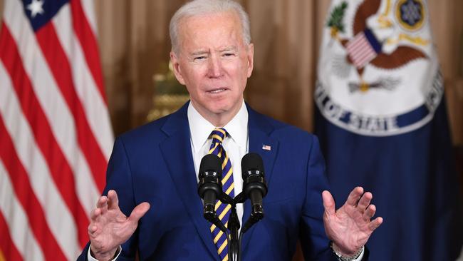 Joe Biden speaks to State Department staff this month. Picture: AFP