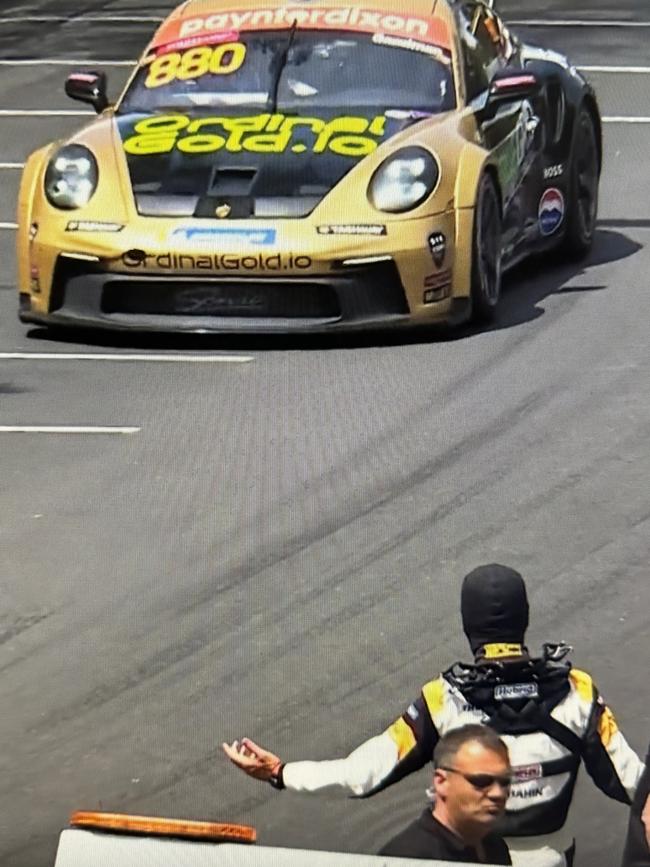 Shahin is upset following a crash during the Porsche Carrera Cup race at the Adelaide 500. Picture Supplied