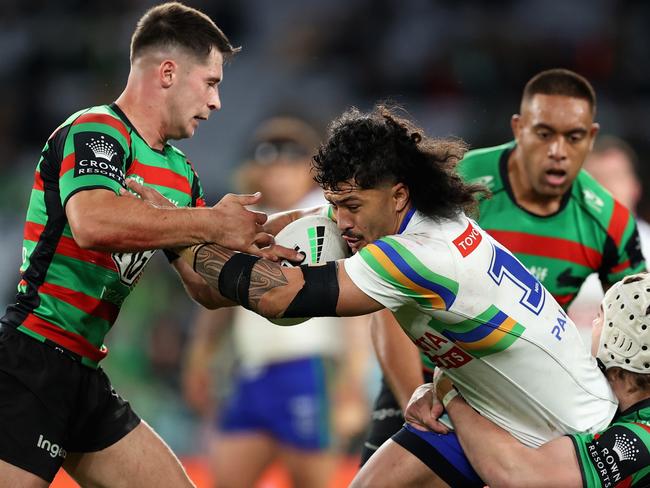 SYDNEY, AUSTRALIA - MAY 27: Corey Harawira-Naera of the Raiders is tackled during the round 13 NRL match between South Sydney Rabbitohs and Canberra Raiders at Accor Stadium on May 27, 2023 in Sydney, Australia. (Photo by Brendon Thorne/Getty Images)