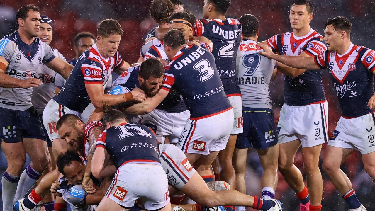 The Roosters and Storm clash in Newcastle featured a melee. Picture: Ashley Feder / Getty Images