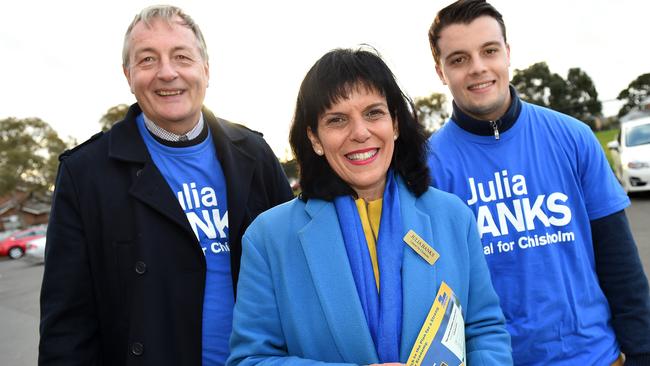 Liberal candidate Julia Banks with her husband Mike and son Sam campaigning for votes at a Chisholm polling booth. Picture: Steve Tanner