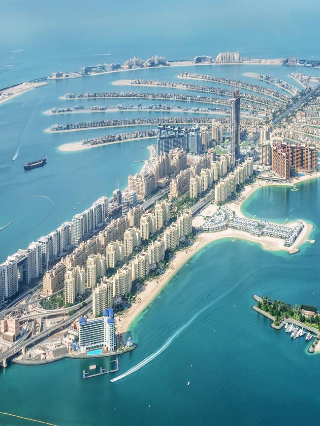 An aerial view of Dubai Palm Jumeirah island where organised criminals live. Picture: iStock
