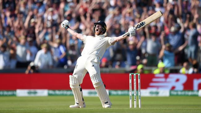 Match-winner … Ben Stokes celebrates after hitting the winning runs. Picture: Getty Images