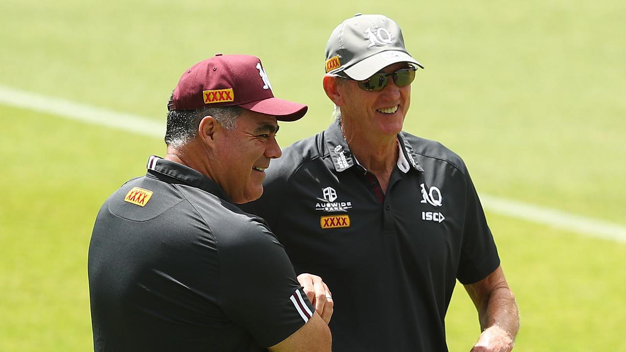 Mal Meninga with Wayne Bennett during Maroons training. Picture: Chris Hyde/Getty Images