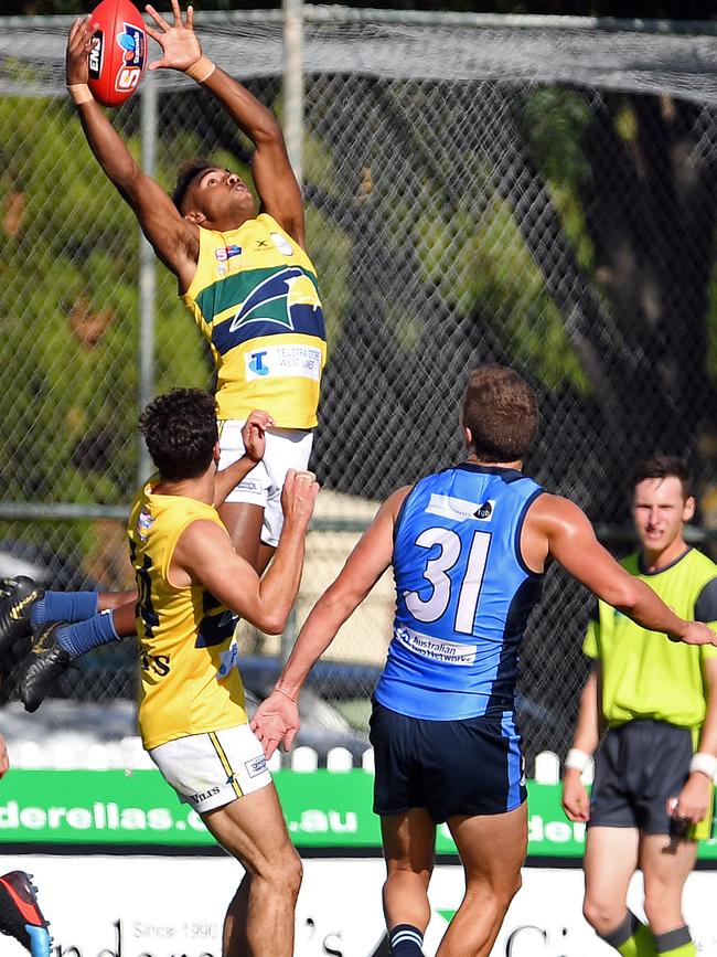 Kysaiah Pickett takes a spectacular mark against Sturt. PICTURE: Tom Huntley.