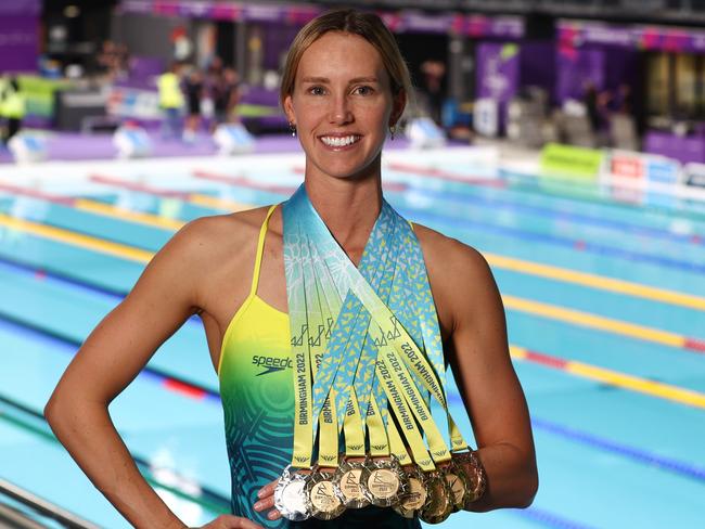 WARNING WARNING NO ONLINE STRICT EMBARGO 6AM SATURDAY 6TH AUGUST 2022 WARNING WARNING  DO NOT USE BEFORE CHECKING WITH CAMERON TANDYÃ..BIRMINGHAM 2022 COMMONWEALTH GAMES. 02/08/2022   .  Australian swimmer Emma McKeon with her 8 medals from the Commonwealth Games. Picture: Michael Klein