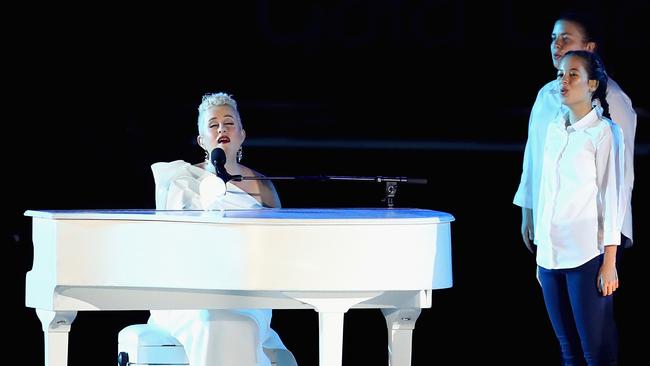 Katie Noonan (left) performs during the opening ceremony. Picture: Getty