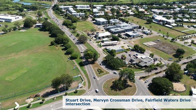 Aerial view of The Precinct, next to the Stuart Drive, Mervyn Crossman Drive and Fairfield Waters Drive intersection. Picture: TMR.