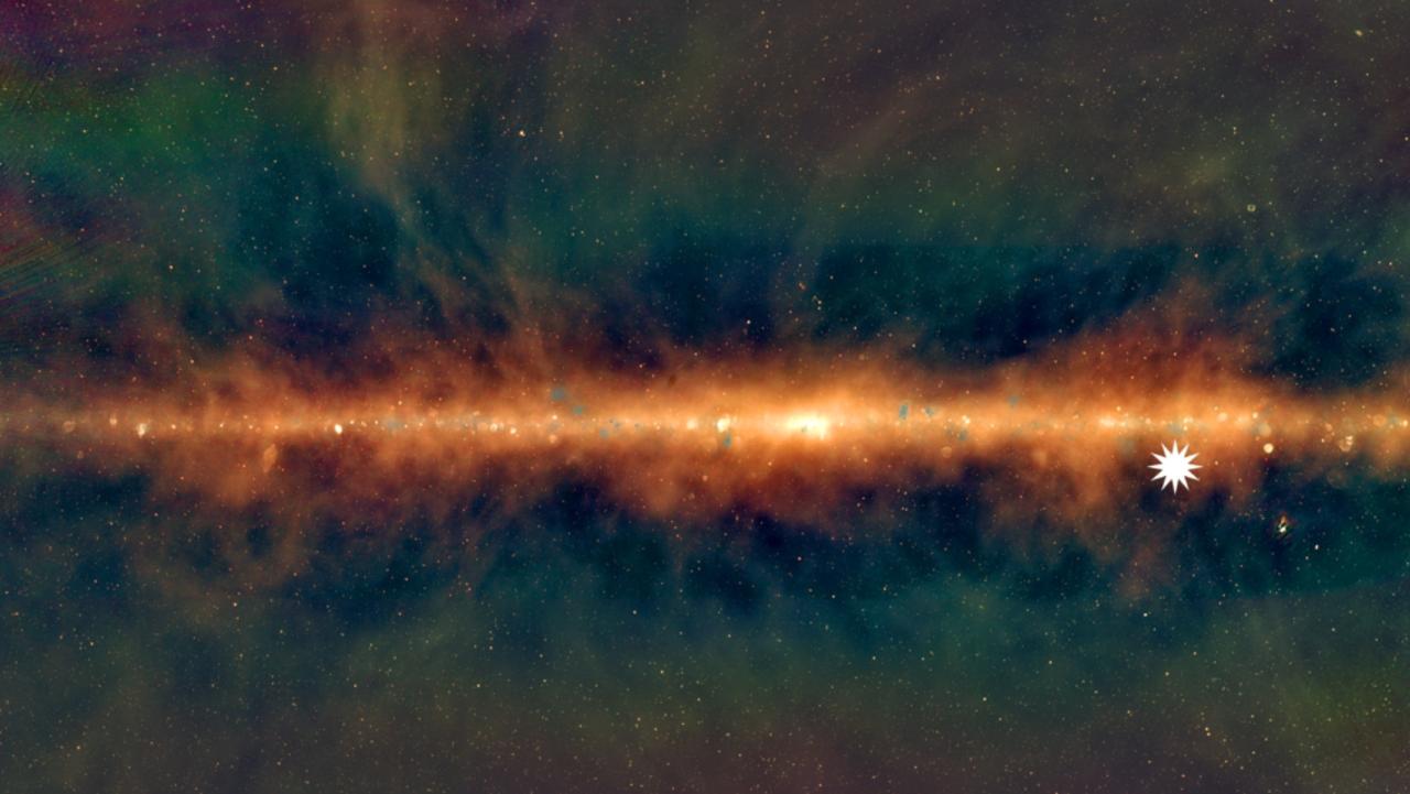 This image shows a new view of the Milky Way from the Murchison Widefield Array, with the lowest frequencies in red, middle frequencies in green and the highest frequencies in blue. The star icon shows the position of the mysterious repeating transient. Picture: Dr Natasha Hurley-Walker/ICRAR/Curtin/GLEAM Team