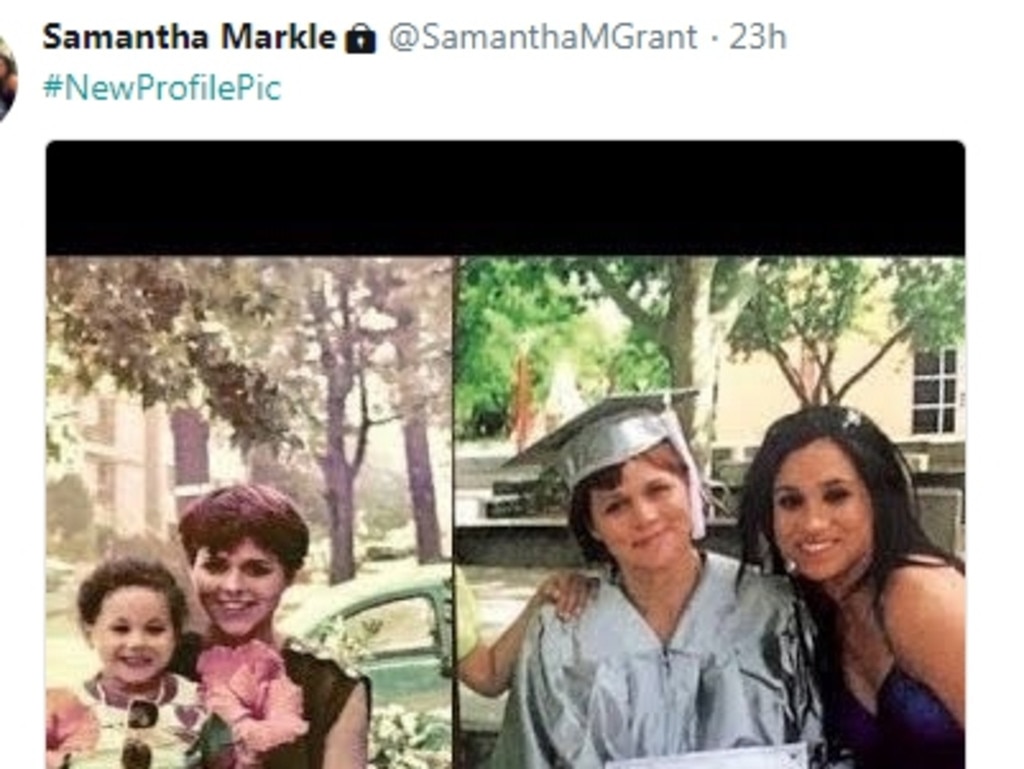 Image posted by Samantha Markle, showing pictures of her with sister Meghan, with a message referencing her lack of an invitation to the royal wedding. Picture: Supplied