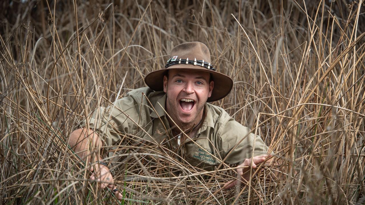 Snake Catcher Jack Gatto was bitten by a crocodile, snake and spider in three days while working at a crocodile farm in Queensland. Picture: Brad Fleet